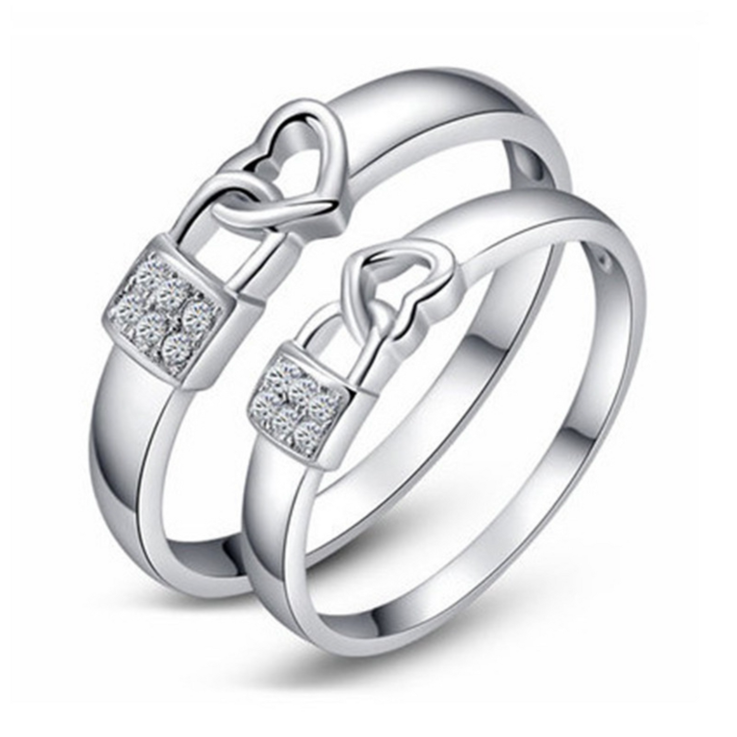 Locked in Love Stainless Steel Couple Rings – Adjustable Promise Bands with Heart & Diamond Accents.